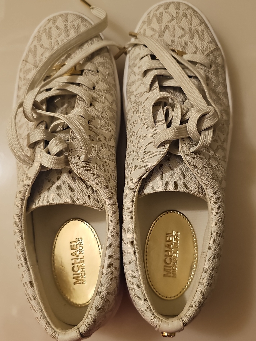 MICHAEL Michael Kors Cream Logo Lace-Up Sneakers with Gold Accents